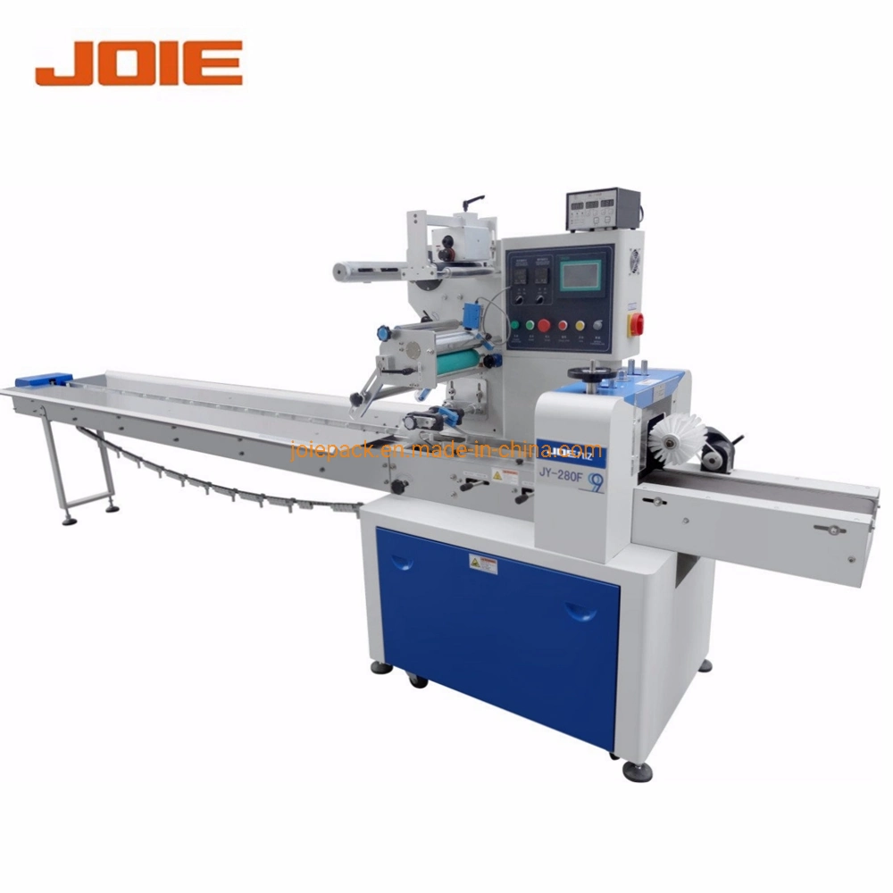 Jy-320 Three Servo Flow Wrapper Packing Machine Down Roll for Doughnut/Donut Packing