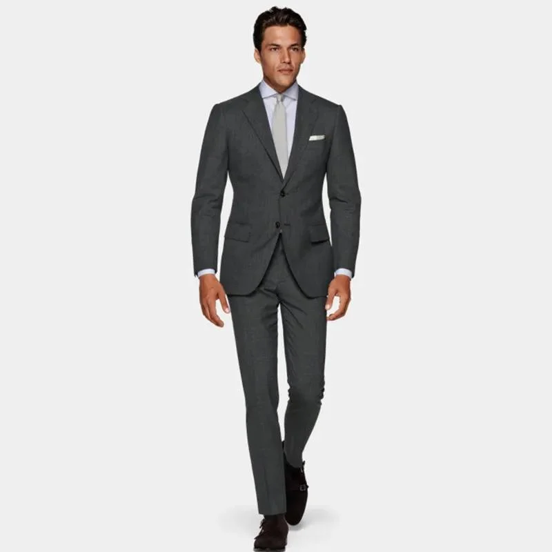 Business Gentleman in Grey Wool Slim Fit Men Two Single Breasted Suits.