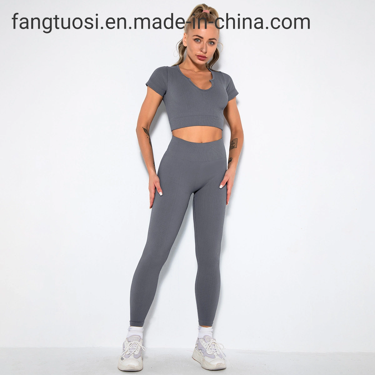 Seamless Knitted Threaded Yoga Clothes Suit Women&prime; S Sports Short Sleeve Fitness Running Ninth Pants