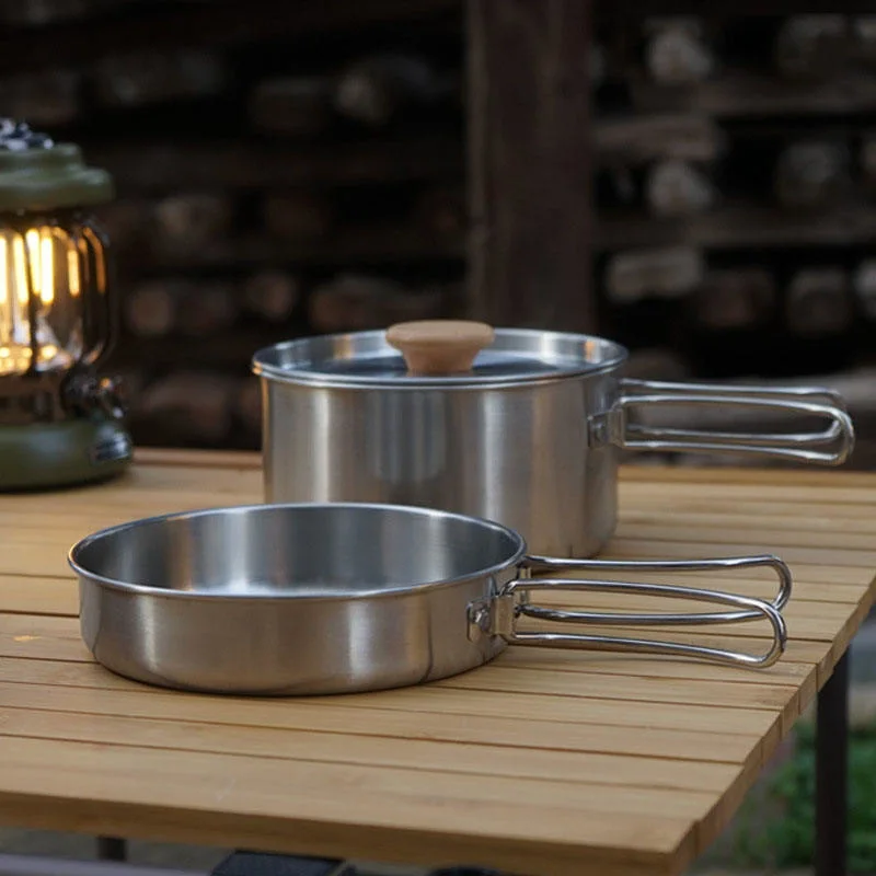 Batterie de cuisine personnalisée en acier inoxydable Camping Mess Kit ensemble pot avec Poignée pliable