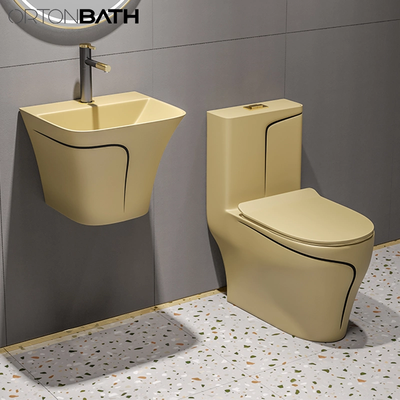 Ortonbath Blue Color with Gold Line Middle East Toilet Sanitary Ware Small Toilet Seats Siphon One Piece Ceramic Wc Toilets