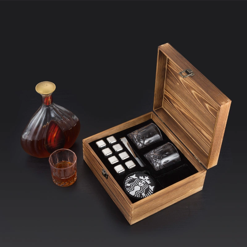 تبريد من الفولاذ المقاوم للصدأ Whiskey مكعبات الثلج تبريد من الأحجار والتبريد المعدني مجموعة هدايا من الصندوق الخشبي الزجاجي Whiskey Stone