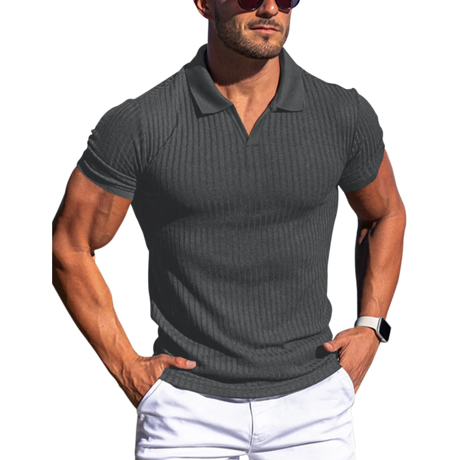 Custom Men Slim Fit High quality/High cost performance  Polo Shirt Custom Made Buttonless V Neck Polo Shirt