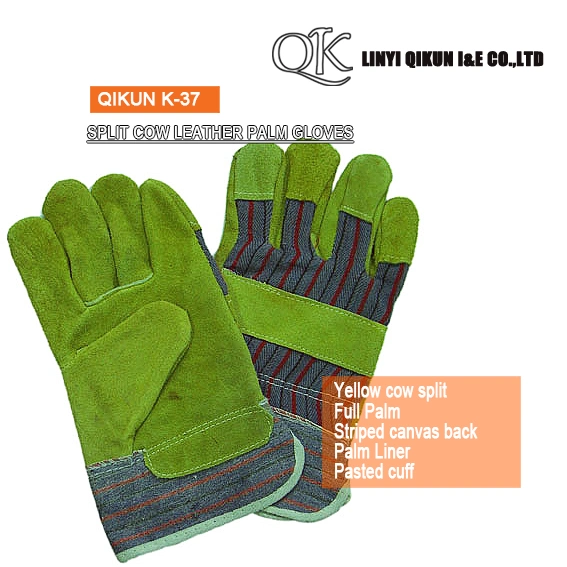 K-37 Gris Split Cow Palma completa Liner pegado Cuff Canvas Guantes de seguridad de cuero para trabajar