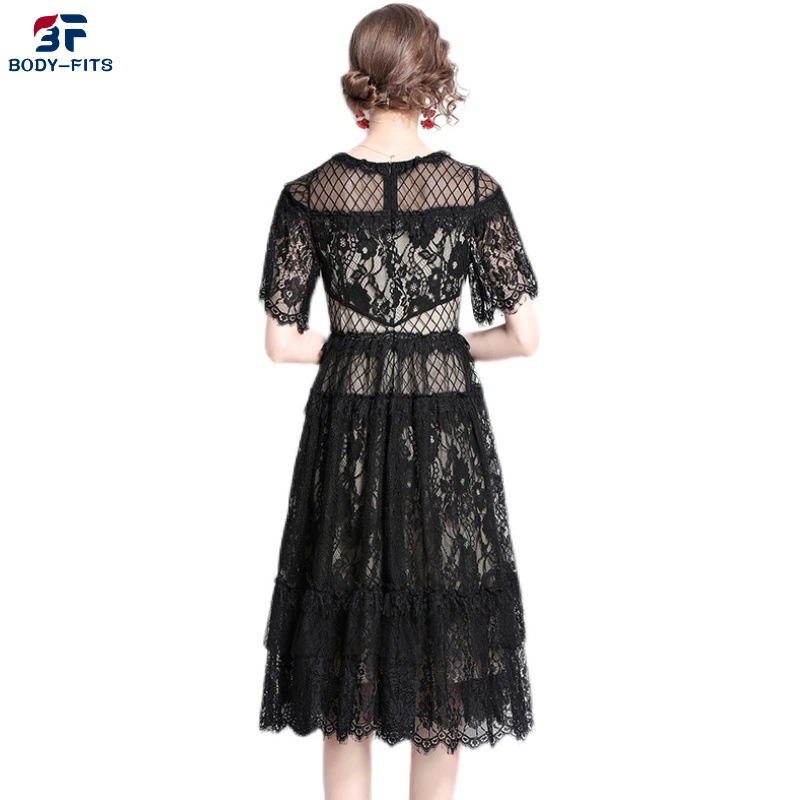 2023 Summer Women&prime; S Dresses Black Lace Round Neck Short Sleeves Slim Fit MID-Length Swing Dress