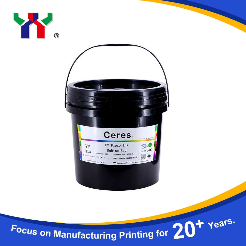 Tinta Flexo UV/LED de alta calidad Ceres fuerte Fuerza adhesiva para impresión de papel y etiquetas (PP, materiales PET), Color Rubine Red 5kg/Barrel