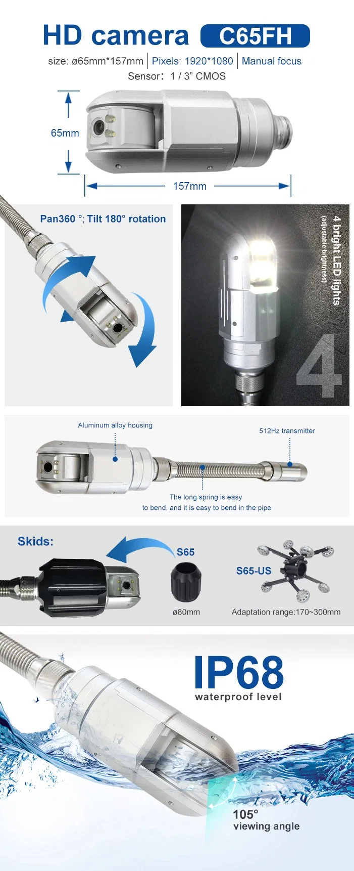 100m Rohrinspektion CCTV-Video-Kanalisationskamera mit 512Hz Locator, Selbstnivellierung, DVR-Aufzeichnung