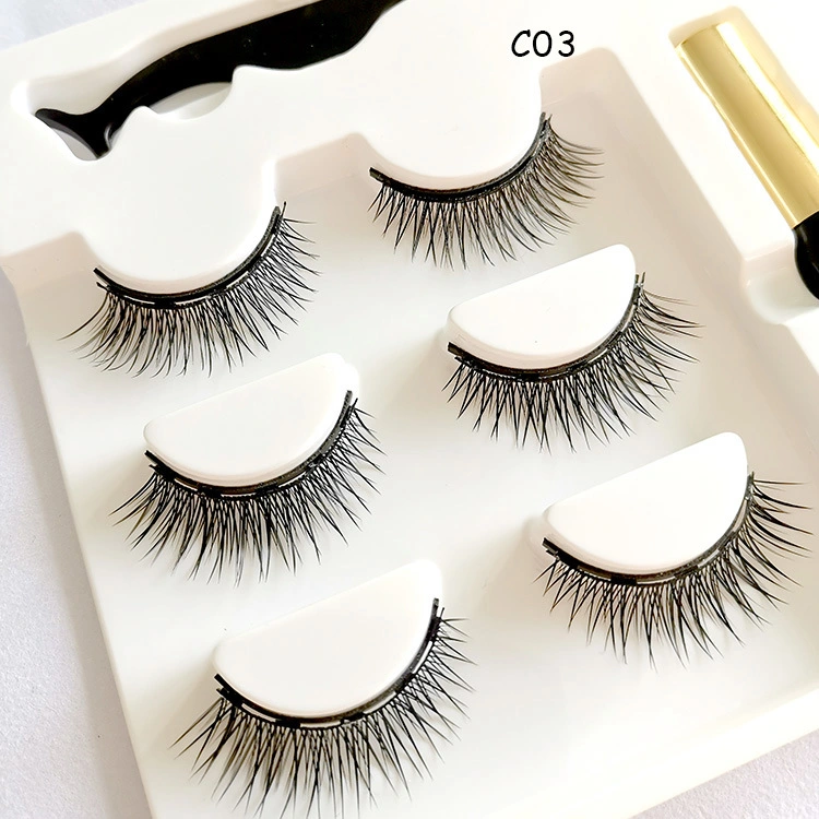 Private Label Wholesale Cruelty Free Biodegradable Fibres 3 Pairs Adhesive Eyeliner Tweezer Magnetic Eyelash Set