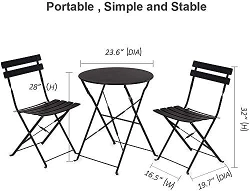 3 Piece Patio Steel Bistro Set of Foldable Outdoor Table and Chairs