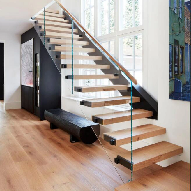 Modern Indoor Small Space Stairs Stainless Steel Wooden Straight Staircase