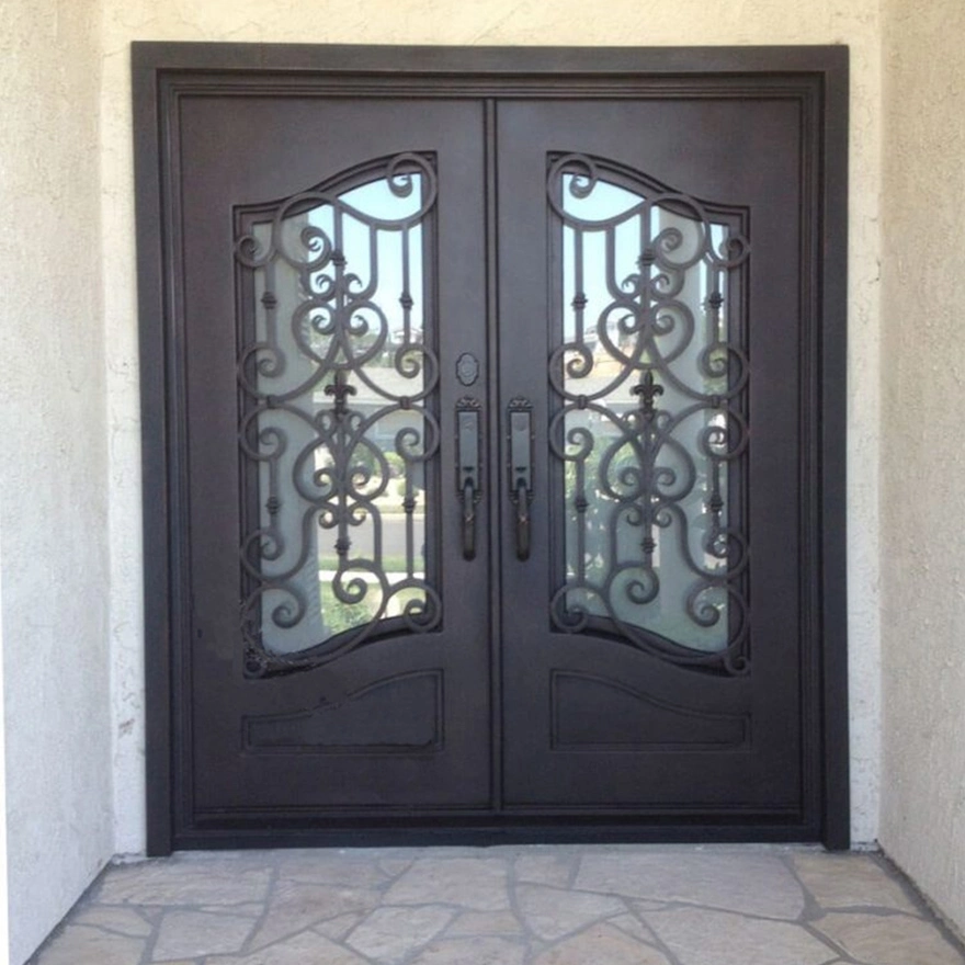 Custom Modern Design Home Entry Security Steel Glass Double Doors Wrought Iron Door