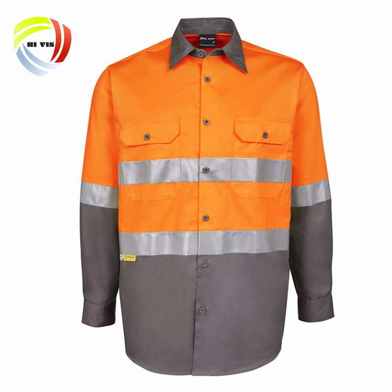 Custom Two Tone 100% Cotton Drill Light Weight Long Sleeve Work Uniform Reflective Safety Hi Vis Workwear for Men