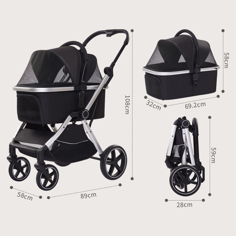 Luxury Aluminium 4 Wheels Pet Stroller Trolley Small Dog with Push Button