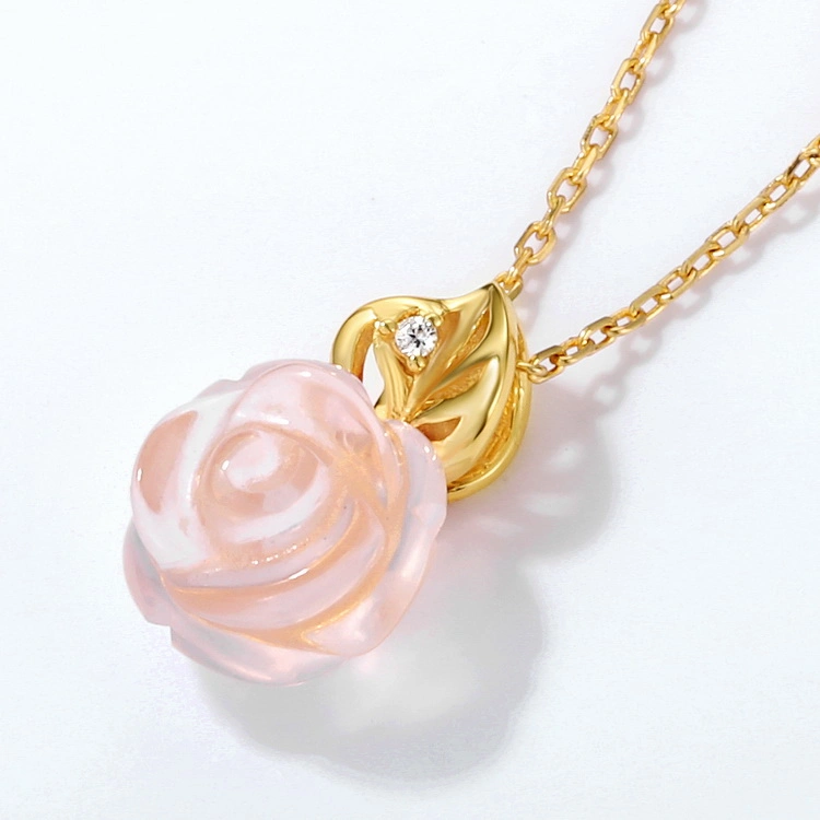 New Arrival S925 Silver Bee Flower Necklace Valentine's Day Gift Natural Pink Crystal Pendant Necklace