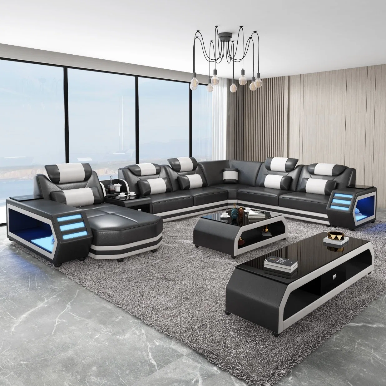 Functional LED Modern European Design Leisure Genuine Leather Sectional Sofa