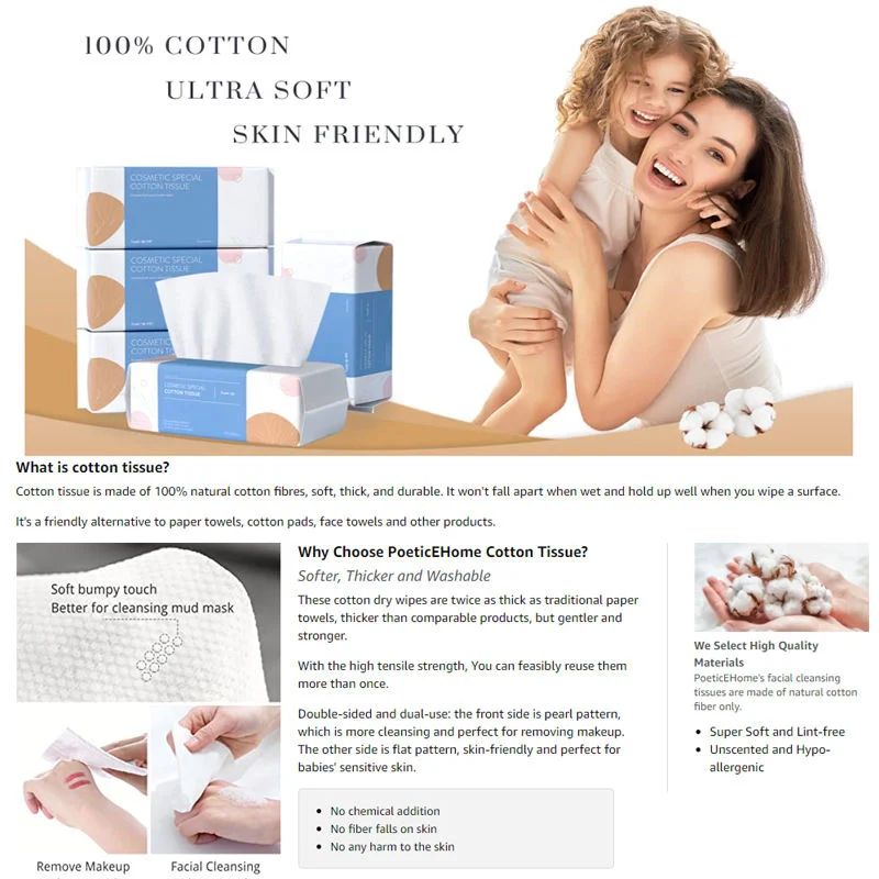 High quality/High cost performance  Dry and Wet Soft Cotton Tissue Cleansing Facial 100% Natural Cleansing Cotton Tissue