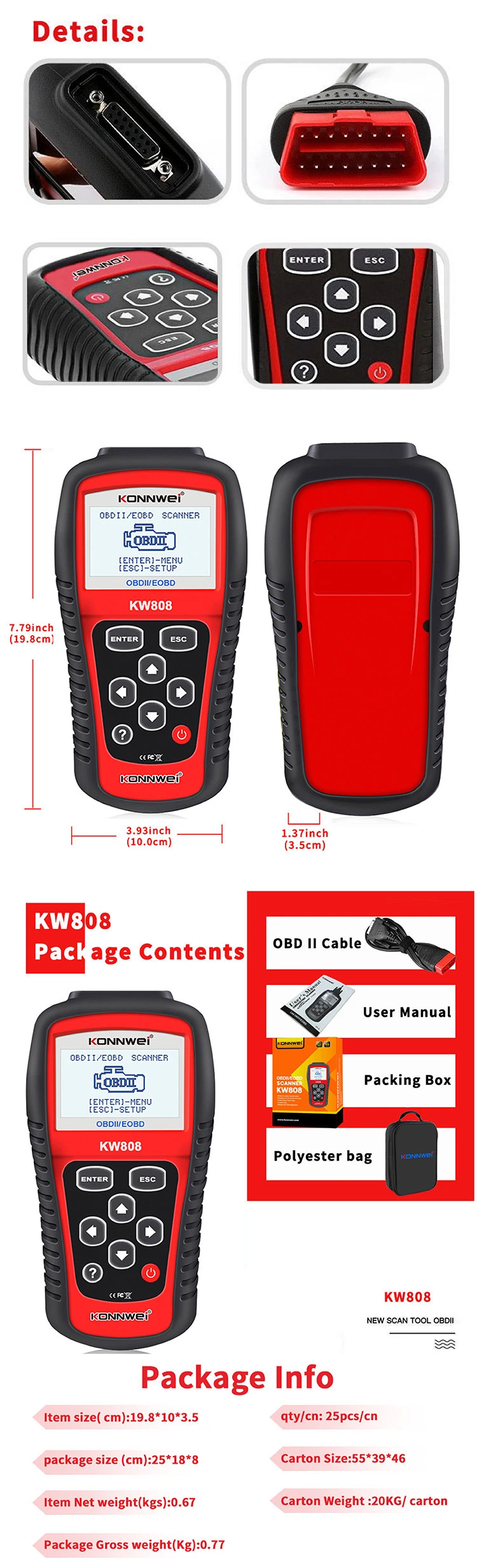 Сканер для диагностики автомобиля Kw808 Двигатель для считывания автомобильных кодов