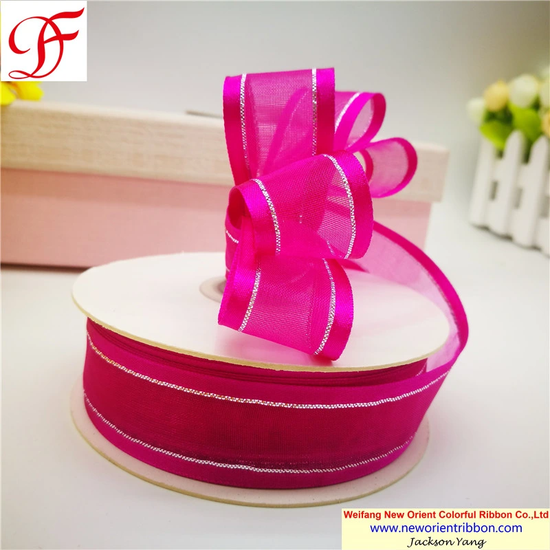 China Exporter/Manufacturer 100% Nylon Metallic Edges Satin Edge Organza Ribbon for Gifts/Wedding/Wrapping