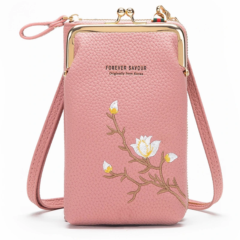 Stylish Embroidered PU Leather Women Coin Purse Crossbody Bag Phone Carrying Bag - Deep Pink