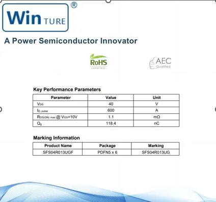 Vienna Pfc Topology Sfs04r013ugf Pdfn5 X 6 Fast Switching and Soft Recovery Low RDS (ON) 1.1m&Omega; , Mosfet