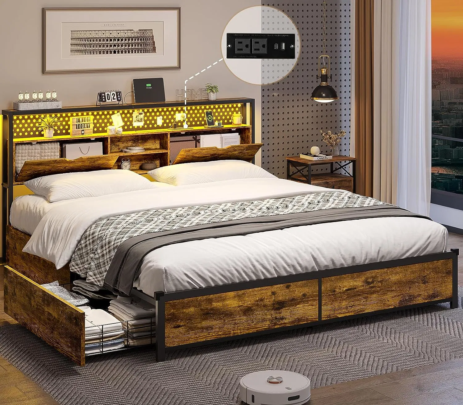 Wooden Full LED Metal Queen Bed Frame with Storage Drawers Shelf Headboard