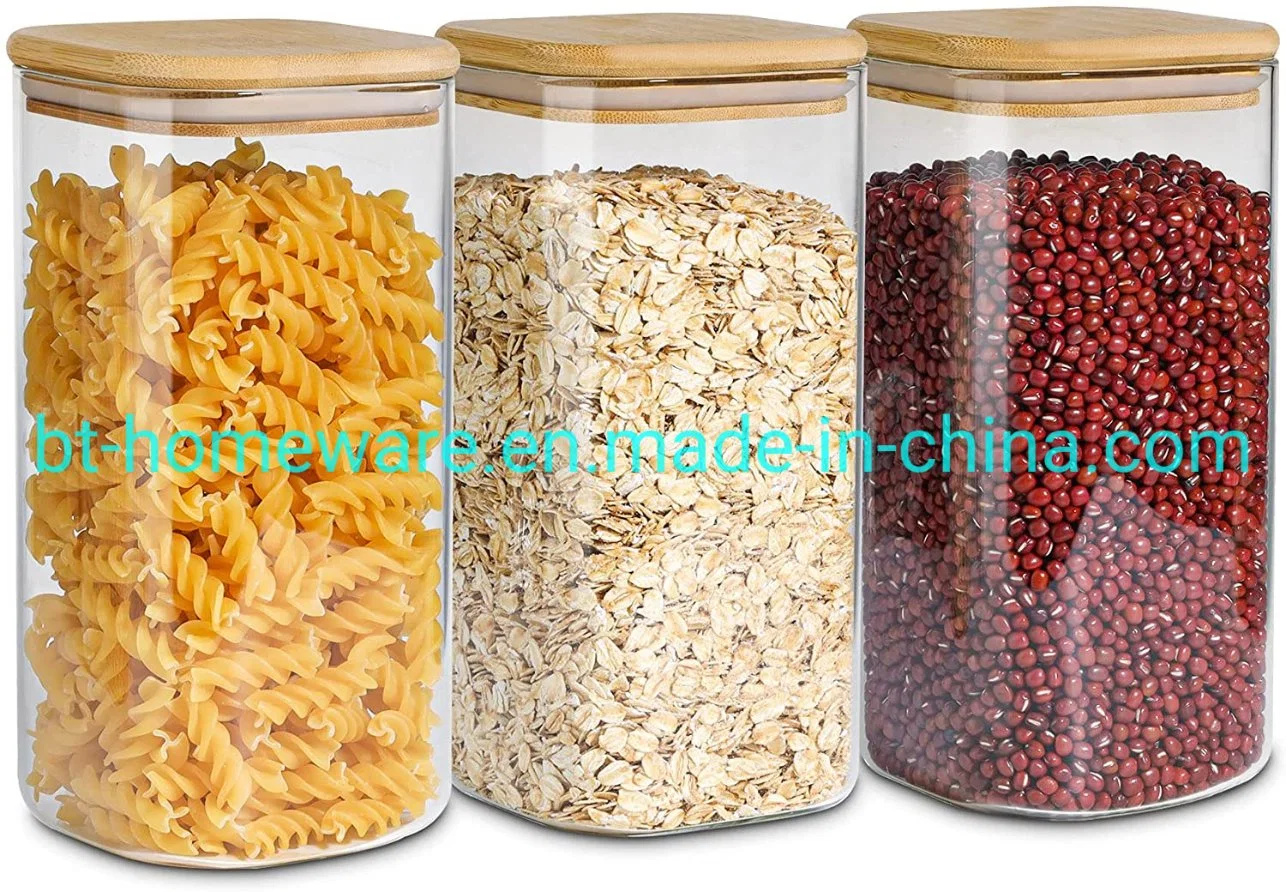 Wholesale/Supplier 50oz 1500ml Glass Square Sealed Clear Storage Food Tank Jar with Wooden Lid Sealed Bamboo Lid for Flour Grain Rice Daily Use