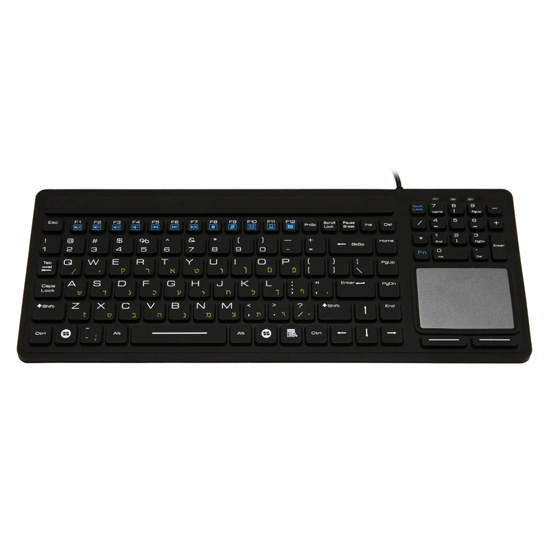 Clavier industriel médical en silicone robuste IP68 lavable, désinfectable, antivirus, avec pavé tactile intégré, 12 touches de fonction et pavé numérique.