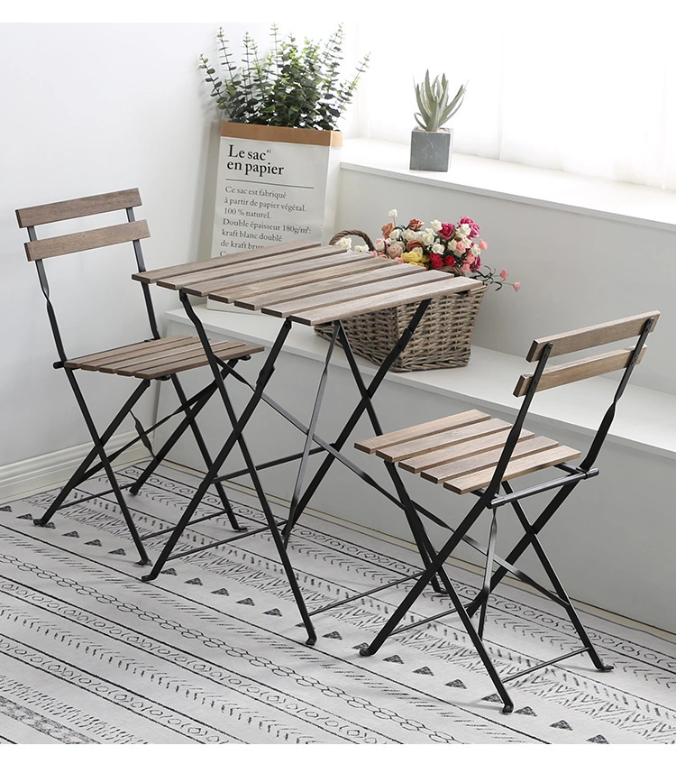 Iron Frame Solid Wood Panel Outdoor Leisure Folding Table Chair Furniture