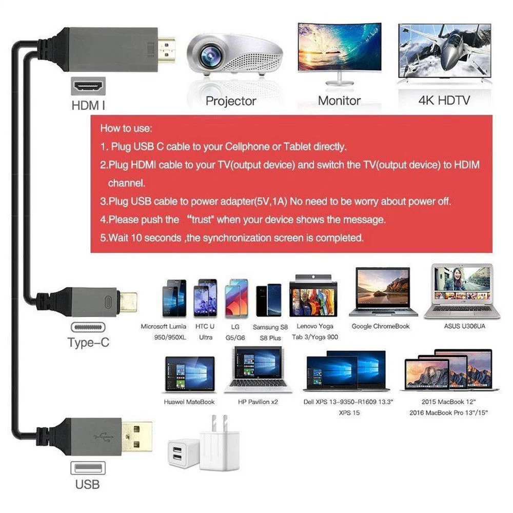 6.5FT Mhl Tipo USB de 4K-C de la UHD HDMI Cable