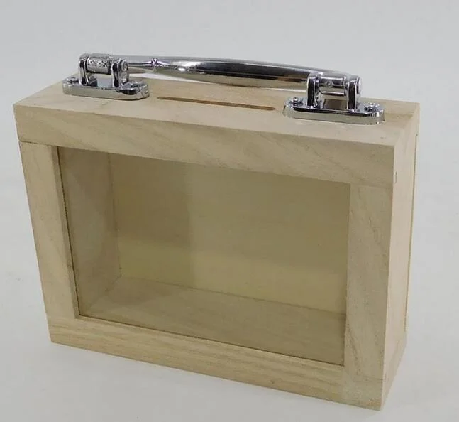 Wooden Suitcase Money Bank with Glass Window and Handle