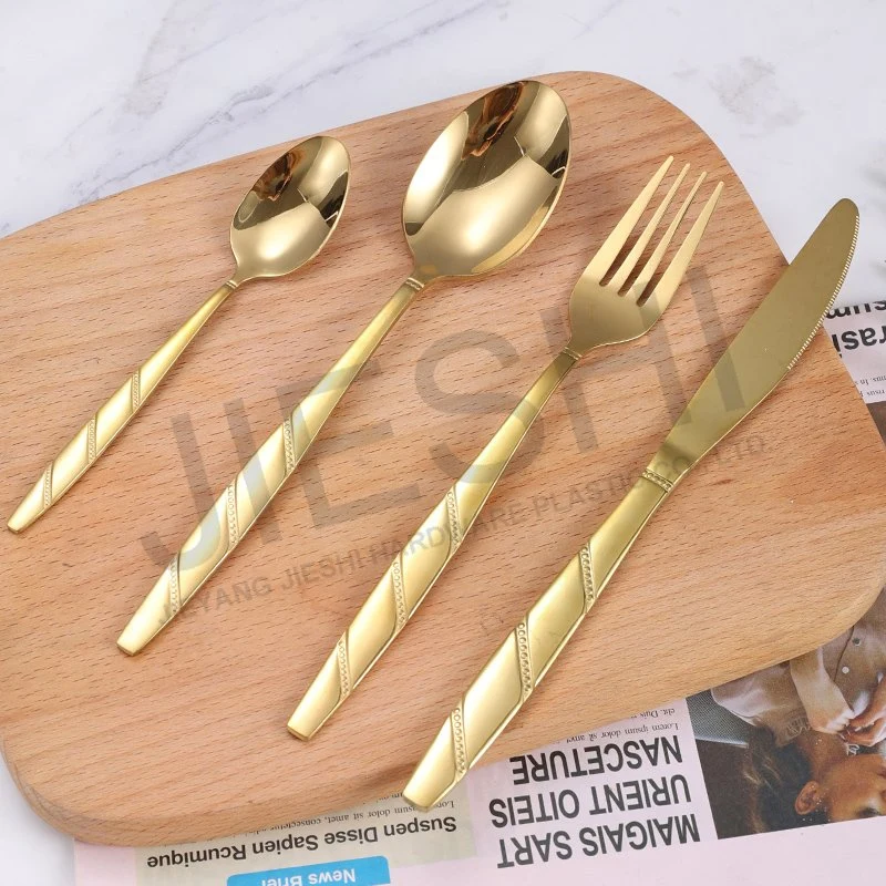 18/0 Atacado garfo brilhante faca Spoon personalizado dernerware Luxo flatware Conjunto de talheres de mesa Fancy Handle Cutlery Golden em aço inoxidável