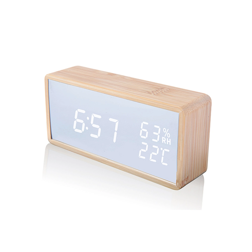 Desktop Bamboo Mirror with LED Humidity and Temperature LED Alarm Clock