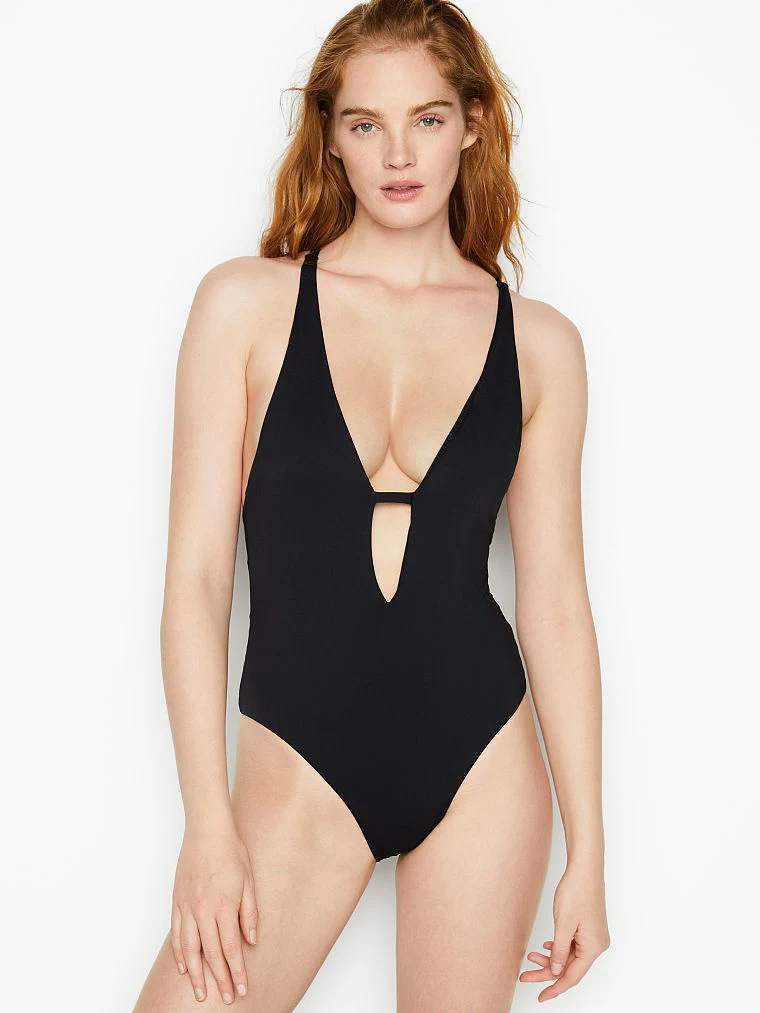 Deep V Neckline Crossed Shoulder Straps High Leg Opening Slim Sexy Figure Flattering One-Piece Swimwear Swimsuit for Ladies