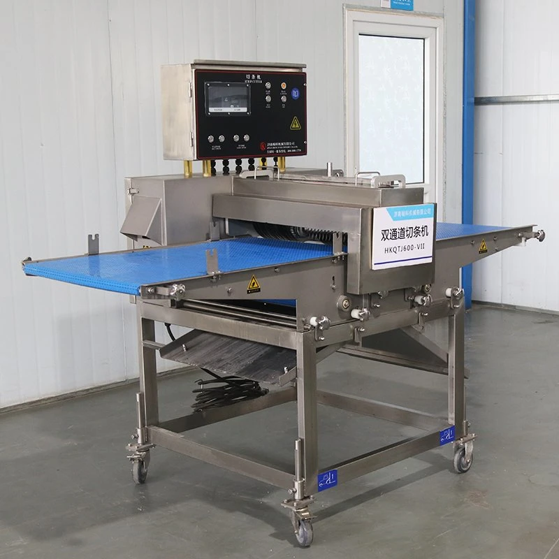 Machine de découpe automatique complète de bandes de viande fraîche utilisée sur le poulet, le porc et le bœuf pour les fabricants industriels. Elle est équipée d'une courroie à module importée offrant une longue durée de vie.