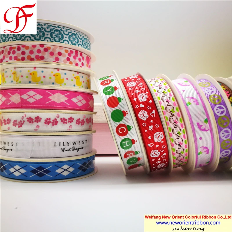 Heißer Verkauf 100% Polyester Grosgrain Band mit Druck für Geschenke/Hochzeit/Verpackung/Party Dekoration/Weihnachten/Verpackung/Bekleidung/Bögen