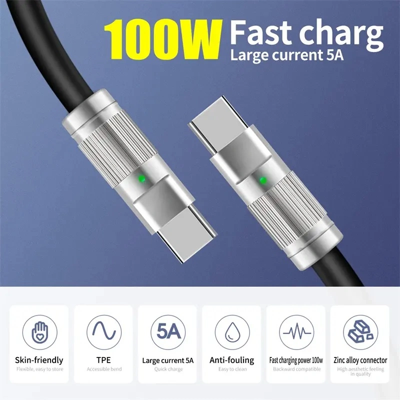 Hot OEM 120W 6A Fast Charging Zinc Alloy Metal USB Cable Type-C for Laptop and Phone