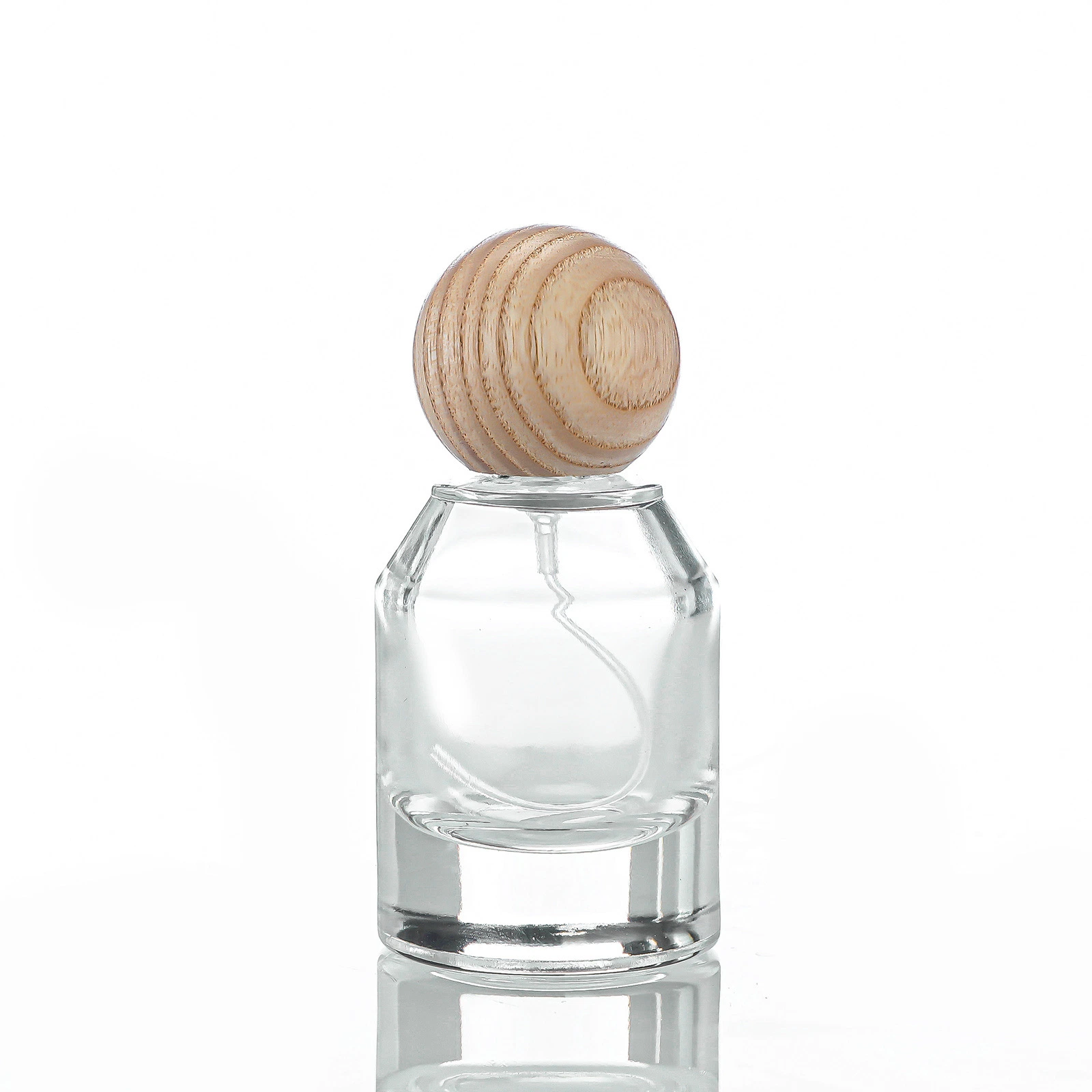 Popular Empty Luxury 30ml Clear Refillable Glass Perfumes Bottle China Cylinder Parfum Bottle with Wood Cap