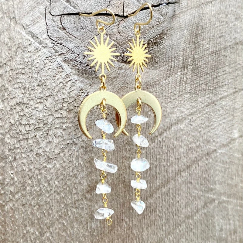 New Hippie Tribal Sun Crescent Earrings Brass Color Witchy Jewelry Bohemia Birthday Magical Clear Stone Point Women Fashion Gift