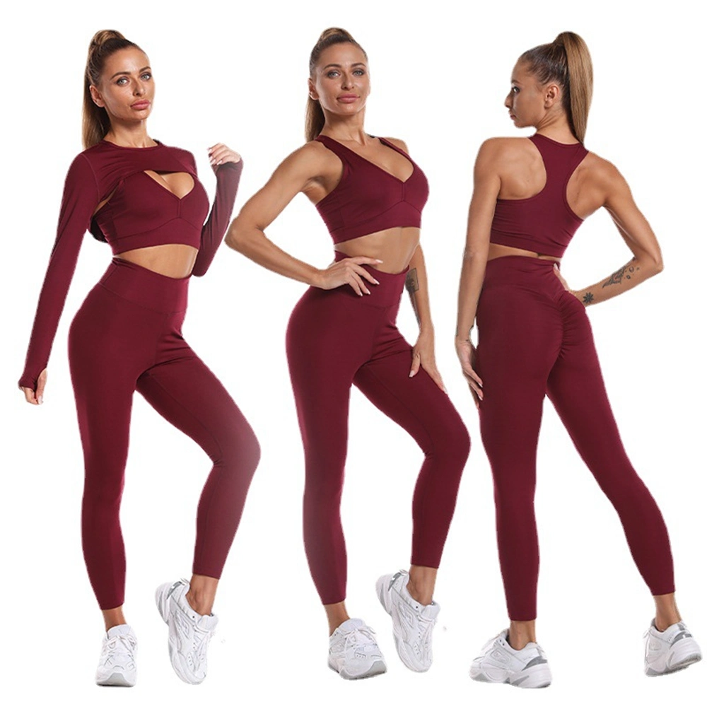 3 piece Set de Yoga Superior de la cosecha de manga larga y cintura alta Scrunch Leggings Seamless Traje de Yoga Deportes