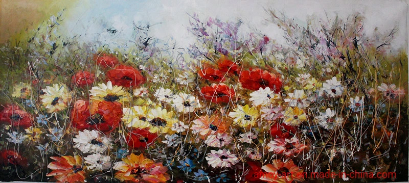 Handmade Original Red Flower Field Oil Painting for Home Decoration