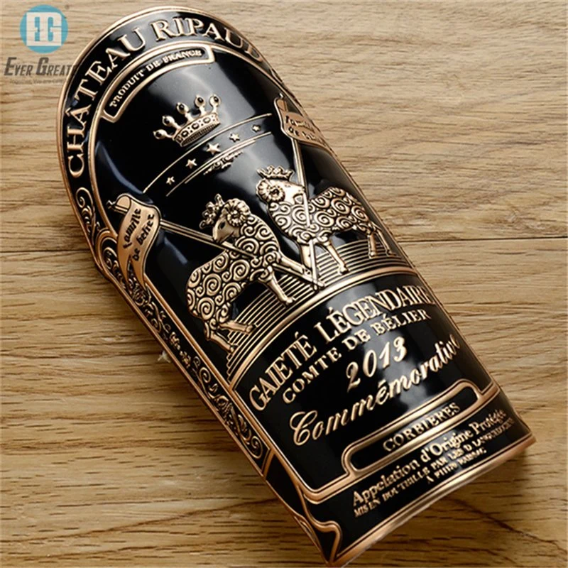 Customize Aluminum /Tin 3D Embossed Metal Wine Label Aluminum Embossed Bottle Label Wine Metal