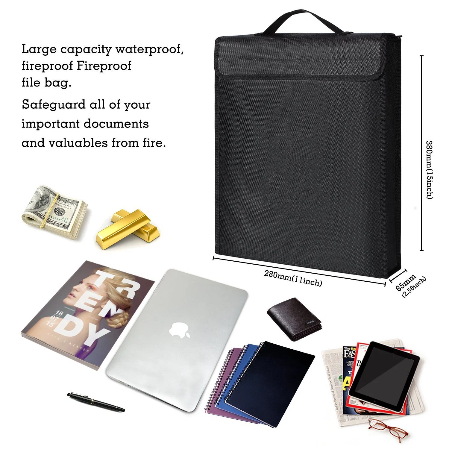 Fireproof Document Bag 2300 F Large 15" X 11" X 2.56" Waterproof Document Holder Fire and Water Resistant