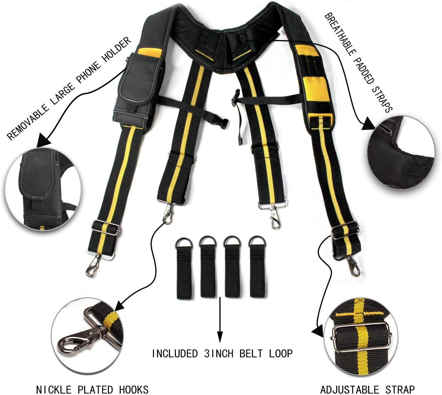 Padded Tool Belt Suspenders with Phone Holder Tape Holder Adjustable Straps