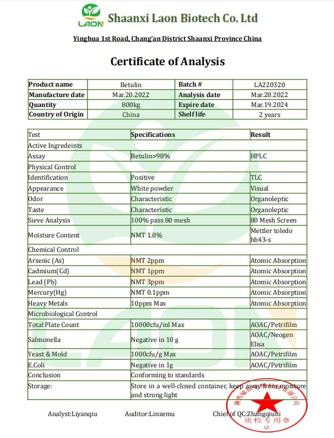 Suministro de la fábrica de polvo de extracto de corteza de abedul blanco 98% de la betulina