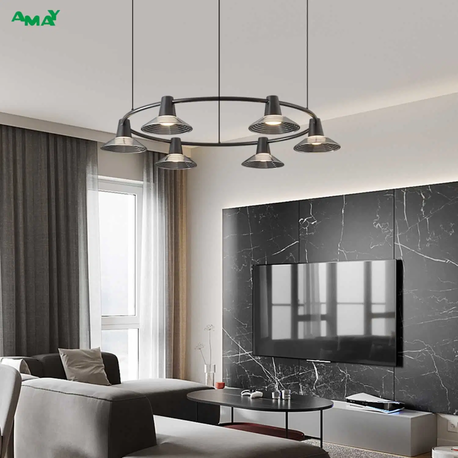 6-Lights Brass Flowing Light Smoke Glass Luxury Interior Chandelier