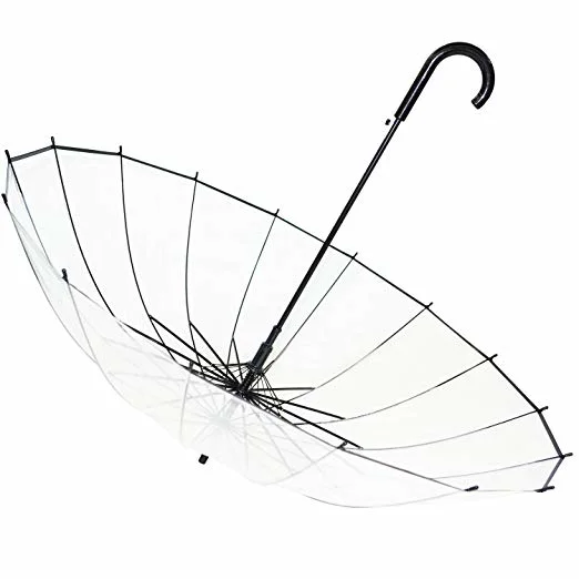 Poe Plastic Black Trim 16 Ribs Transparent Umbrella with Curved Handle