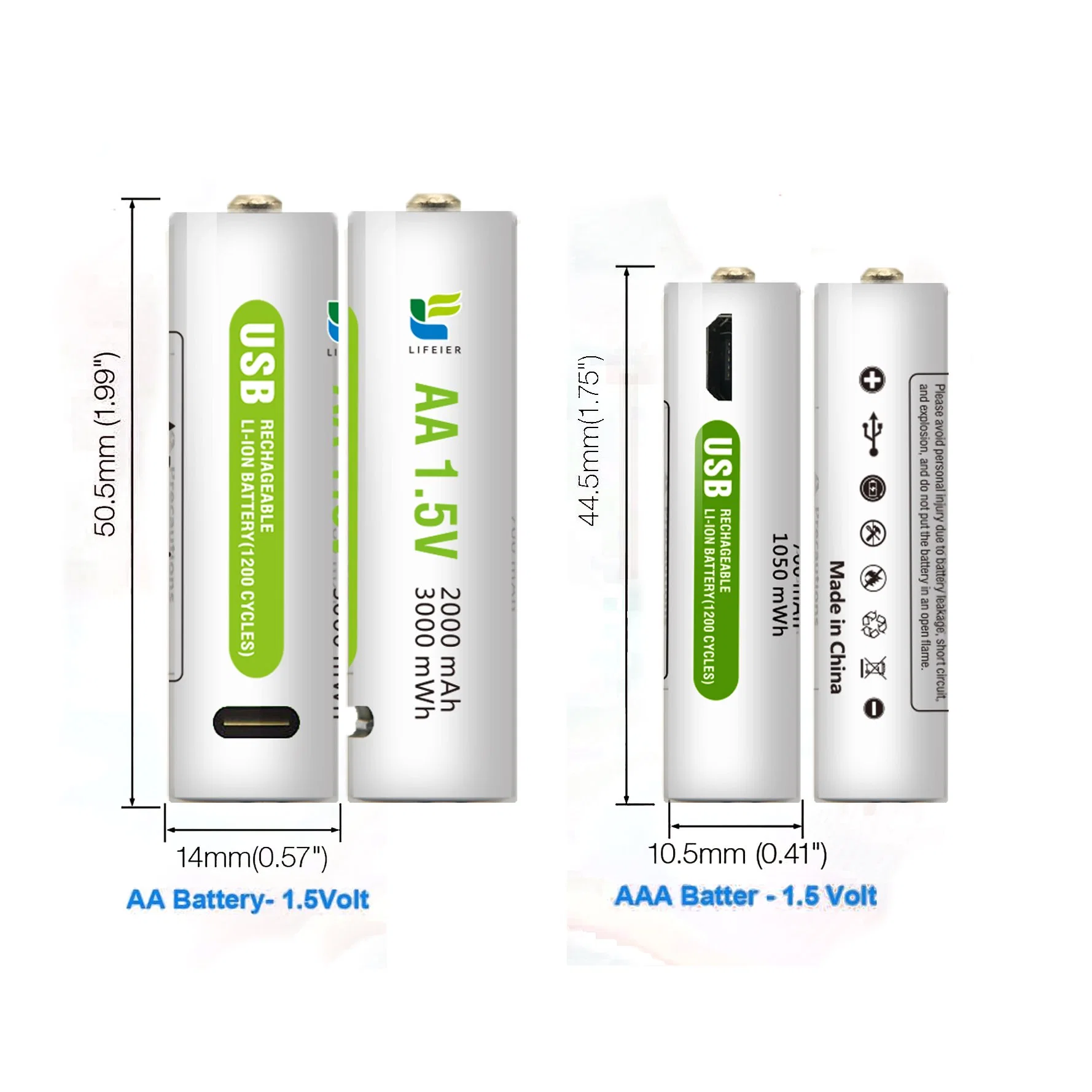 Lithium Battery 1.5V AA USB Rechargeable Battery with CE, RoHS