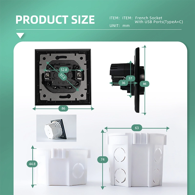 Aluminum Panel Dual USB Type a+C Europe 2p+T French Sockets