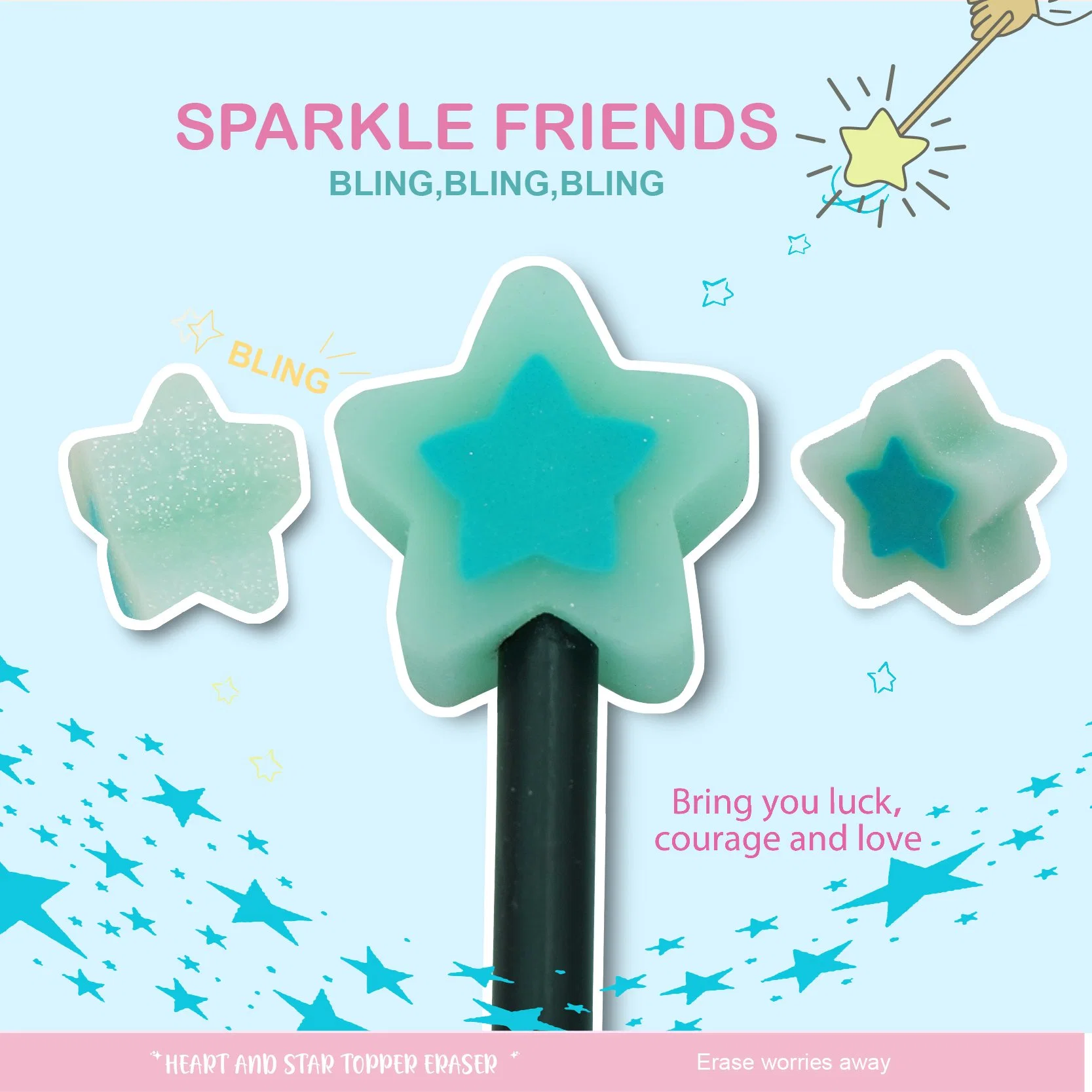 Fashionable School Stationery Eco PVC Glitter Love Heart and Star Topper Erasers (GW402)