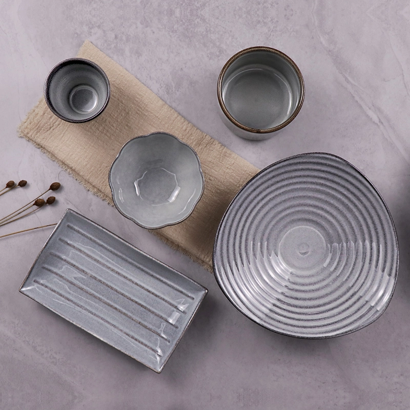 Stoneware Dinnerware Sets, Round Reactive Glaze Plates and Bowls Set